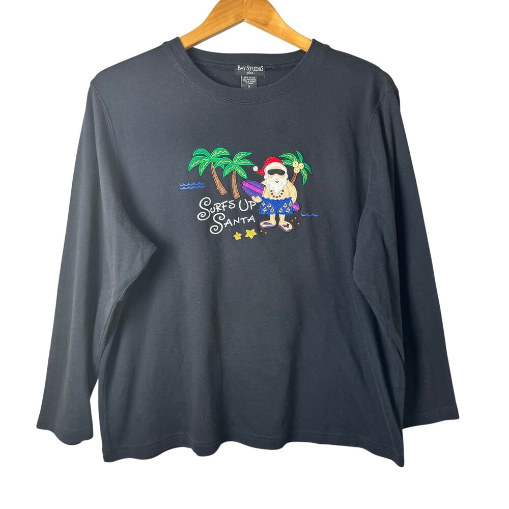 Bay Studio Surfs Up Santa Christmas Shirt Women’s Size 1X Black Embroidered